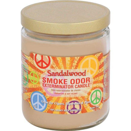 Front view of the Smoke Odor Exterminator Candle 13oz in a wood-grain Sandalwood design. This enzyme-activated glass mason jar candle physically binds to and neutralizes airborne smoke and environmental smells.