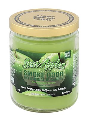 Front view of the Smoke Odor Exterminator Candle 13oz in a bright green Sour Applez design. This enzyme-activated glass mason jar candle physically binds to and neutralizes airborne smoke and environmental smells.