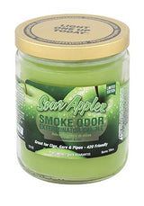 Front view of the Smoke Odor Exterminator Candle 13oz in a bright green Sour Applez design. This enzyme-activated glass mason jar candle physically binds to and neutralizes airborne smoke and environmental smells.