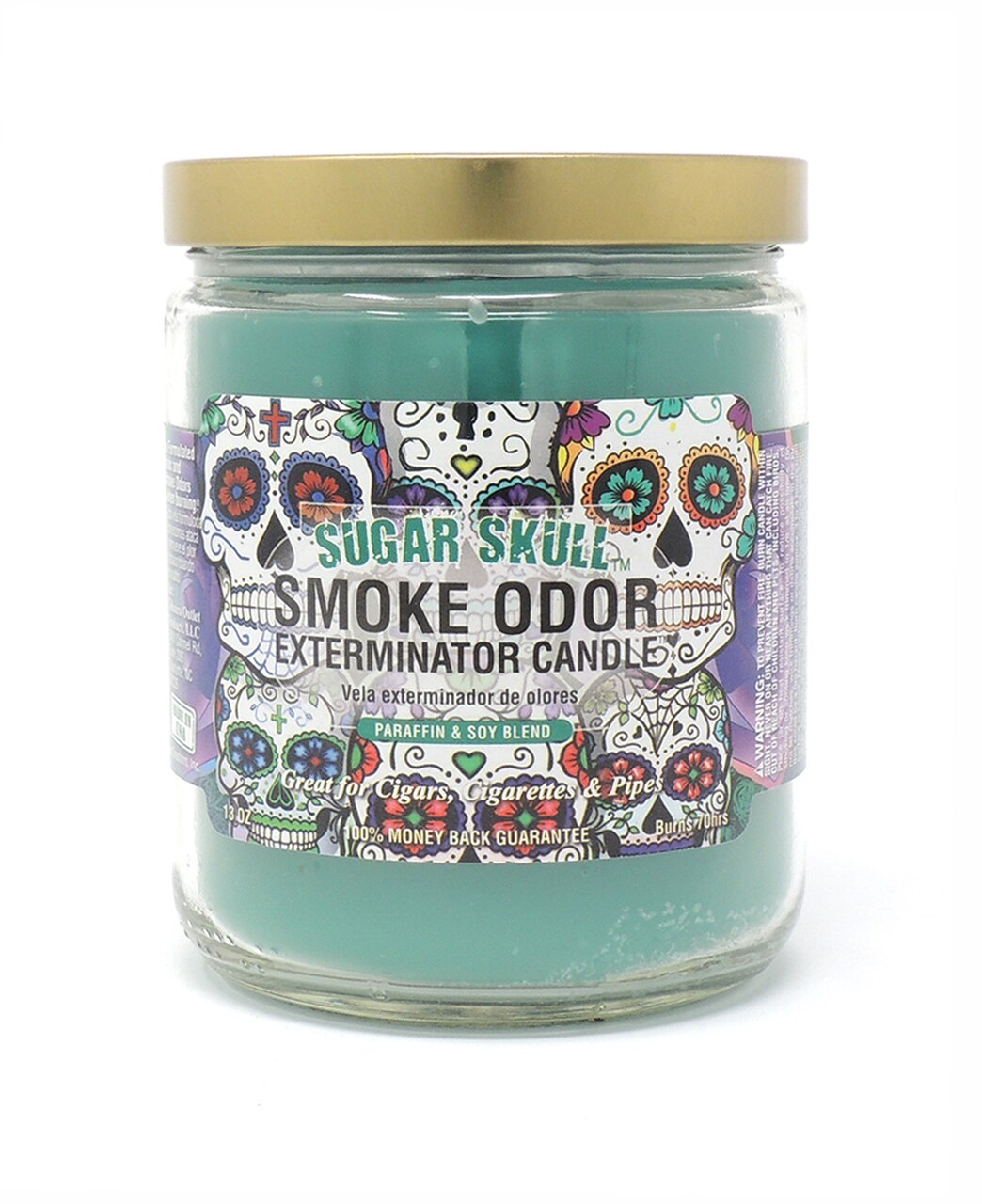 Front view of the Smoke Odor Exterminator Candle 13oz in a vibrant Sugar Skull design. This enzyme-activated glass mason jar candle physically binds to and neutralizes airborne smoke and environmental smells.
