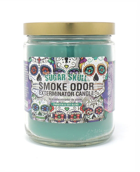 Front view of the Smoke Odor Exterminator Candle 13oz in a vibrant Sugar Skull design. This enzyme-activated glass mason jar candle physically binds to and neutralizes airborne smoke and environmental smells.