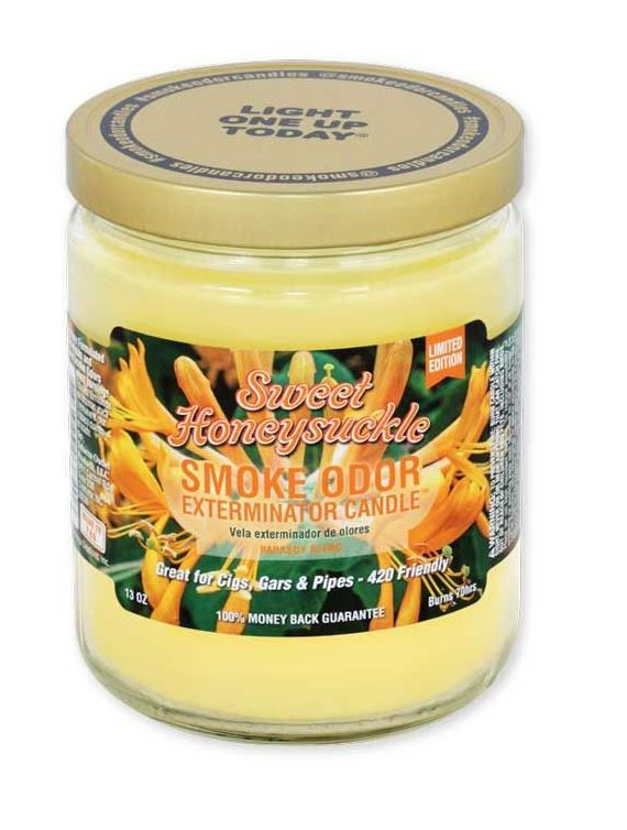 Front view of the Smoke Odor Exterminator Candle 13oz in a yellow and orange Sweet Honey Suckle design. This enzyme-activated glass mason jar candle physically binds to and neutralizes airborne smoke and environmental smells