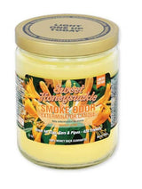 Front view of the Smoke Odor Exterminator Candle 13oz in a yellow and orange Sweet Honey Suckle design. This enzyme-activated glass mason jar candle physically binds to and neutralizes airborne smoke and environmental smells