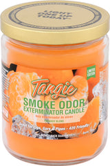 Front view of the Smoke Odor Exterminator Candle 13oz in a vibrant orange Tangie design. This enzyme-activated glass mason jar candle physically binds to and neutralizes airborne smoke and environmental smells.