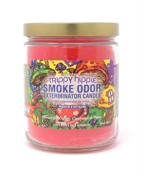 Front view of the Smoke Odor Exterminator Candle 13oz in a psychedelic multi-color Trippy Hippie design. This enzyme-activated glass mason jar candle physically binds to and neutralizes airborne smoke and environmental smells.