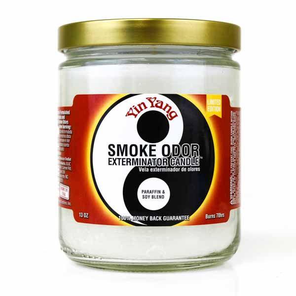Front view of the Smoke Odor Exterminator Candle 13oz in a black and white Yin Yang design. This enzyme-activated glass mason jar candle physically binds to and neutralizes airborne smoke and environmental smells.