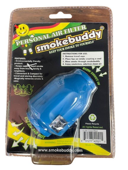 Front view of the Smokebuddy Original Personal Air Filter in blue. This handheld exhalation tool features an internal activated carbon matrix designed to physically trap particulate matter and mitigate secondhand clouds.