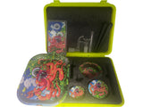 Front view of a collection of Smoking Accessory Kit Sets featuring various assorted graphic designs [1.1.4]. These comprehensive travel-friendly kits typically include matching rolling trays, grinders, and storage containers, ideal for smoke shop retail displays [1.1.4].