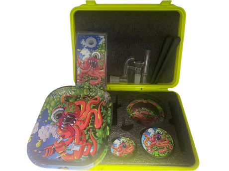 Front view of a collection of Smoking Accessory Kit Sets featuring various assorted graphic designs [1.1.4]. These comprehensive travel-friendly kits typically include matching rolling trays, grinders, and storage containers, ideal for smoke shop retail displays [1.1.4].