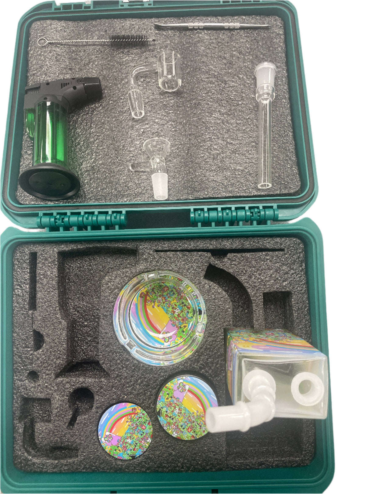 Angled top-down view of an open Smoking Accessory Kit Set showing the organized interior contents, including a grinder, ashtray, and rolling tray [1.1.4]. These comprehensive travel-friendly kits provide all the essential tools for a complete smoking experience [1.1.4].