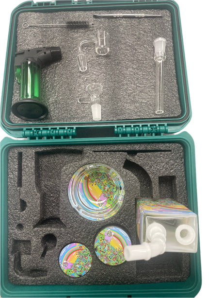 Angled top-down view of an open Smoking Accessory Kit Set showing the organized interior contents, including a grinder, ashtray, and rolling tray [1.1.4]. These comprehensive travel-friendly kits provide all the essential tools for a complete smoking experience [1.1.4].