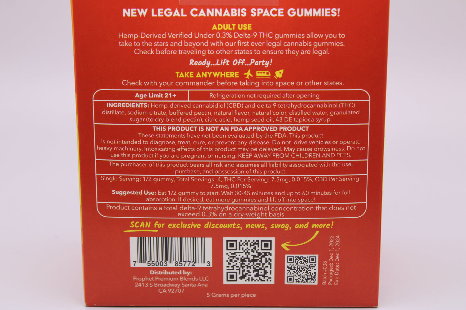 Back straight-on view of the Space Gods Delta 9 and CBD 60mg citrus punch gummies pouch in orange. The detailed packaging displays clear dosing instructions, ingredients, and lab-tested compliance information for these premium hemp-derived edibles.