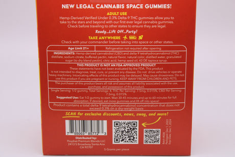 Back straight-on view of the Space Gods Delta 9 and CBD 60mg citrus punch gummies pouch in orange. The detailed packaging displays clear dosing instructions, ingredients, and lab-tested compliance information for these premium hemp-derived edibles.