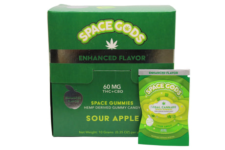 Front view of the Space Gods Delta 9 and CBD 60mg gummies packaging in vibrant green. These legal, hemp-derived edibles feature a mouth-puckering sour apple flavor and a perfectly balanced 1:1 ratio of D9 to CBD for a relaxing, euphoric experience.