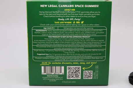 Front view of the Space Gods Delta 9 and CBD 60mg gummies packaging in vibrant green. These legal, hemp-derived edibles feature a mouth-puckering sour apple flavor and a perfectly balanced 1:1 ratio of D9 to CBD for a relaxing, euphoric experience.