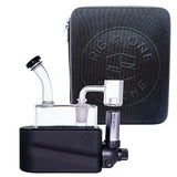 Flat lay overhead view of the full Stache Rig in One kit inside its custom padded zip-up travel carrying case with molded EVA foam inserts. The set includes a bubble carb cap, stainless steel dab tool, torch base, and glass.