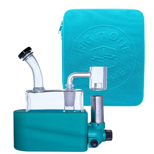 Flat lay overhead view of the full Stache Rig in One kit inside its custom padded zip-up travel carrying case with molded EVA foam inserts. The set includes a bubble carb cap, stainless steel dab tool, torch base, and glass.