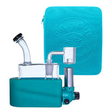Flat lay overhead view of the full Stache Rig in One kit inside its custom padded zip-up travel carrying case with molded EVA foam inserts. The set includes a bubble carb cap, stainless steel dab tool, torch base, and glass.
