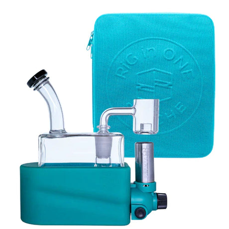 Flat lay overhead view of the full Stache Rig in One kit inside its custom padded zip-up travel carrying case with molded EVA foam inserts. The set includes a bubble carb cap, stainless steel dab tool, torch base, and glass.