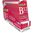 Front angled view of the Stacker 2 B12 Extreme Energy Blaster Pack 24ct display box in vibrant red, yellow, and black. This bulk wholesale counter box holds 24 individual blister cards, making it an ideal high-margin impulse item for convenience store and smoke shop checkout counters.