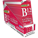 Front angled view of the Stacker 2 B12 Extreme Energy Blaster Pack 24ct display box in vibrant red, yellow, and black. This bulk wholesale counter box holds 24 individual blister cards, making it an ideal high-margin impulse item for convenience store and smoke shop checkout counters.
