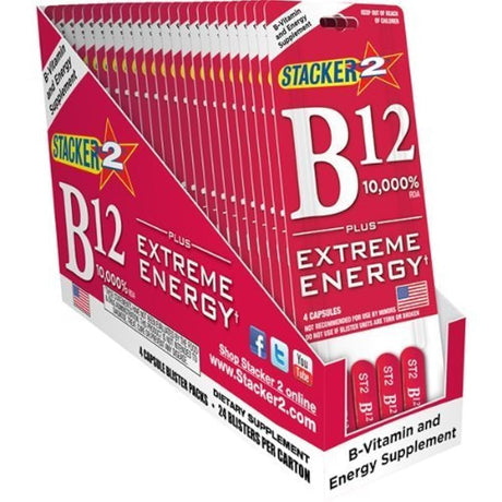Front angled view of the Stacker 2 B12 Extreme Energy Blaster Pack 24ct display box in vibrant red, yellow, and black. This bulk wholesale counter box holds 24 individual blister cards, making it an ideal high-margin impulse item for convenience store and smoke shop checkout counters.