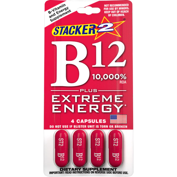 Front view of a single Stacker 2 B12 Extreme Energy 4-count blister card in bright red and yellow. These convenient, pocket-sized dietary supplement packs provide a massive dose of Vitamin B12 for a fast-acting, jitter-free energy boost.