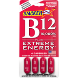 Front view of a single Stacker 2 B12 Extreme Energy 4-count blister card in bright red and yellow. These convenient, pocket-sized dietary supplement packs provide a massive dose of Vitamin B12 for a fast-acting, jitter-free energy boost.