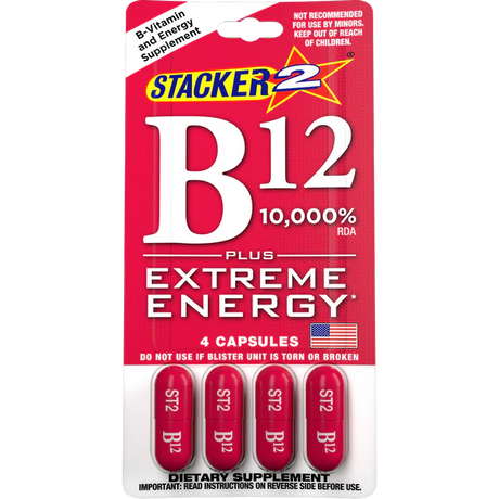 Front view of a single Stacker 2 B12 Extreme Energy 4-count blister card in bright red and yellow. These convenient, pocket-sized dietary supplement packs provide a massive dose of Vitamin B12 for a fast-acting, jitter-free energy boost.