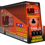 Front angled view of the Stacker 2 Black Jax Good Luck Energy Blaster Pack 24ct display box in sleek black and red. This bulk wholesale counter box holds 24 individual blister cards, making it an ideal high-margin impulse item for convenience store and smoke shop checkout counters.