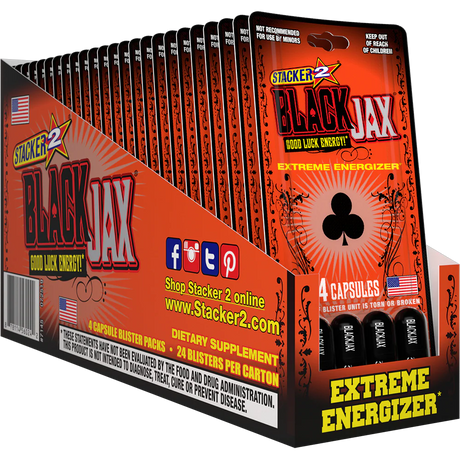 Front angled view of the Stacker 2 Black Jax Good Luck Energy Blaster Pack 24ct display box in sleek black and red. This bulk wholesale counter box holds 24 individual blister cards, making it an ideal high-margin impulse item for convenience store and smoke shop checkout counters.