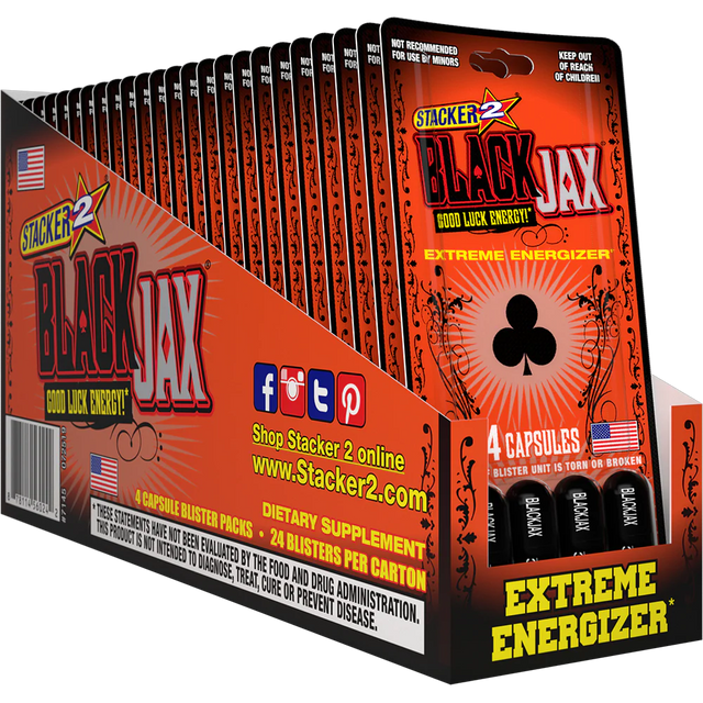 Front angled view of the Stacker 2 Black Jax Good Luck Energy Blaster Pack 24ct display box in sleek black and red. This bulk wholesale counter box holds 24 individual blister cards, making it an ideal high-margin impulse item for convenience store and smoke shop checkout counters.