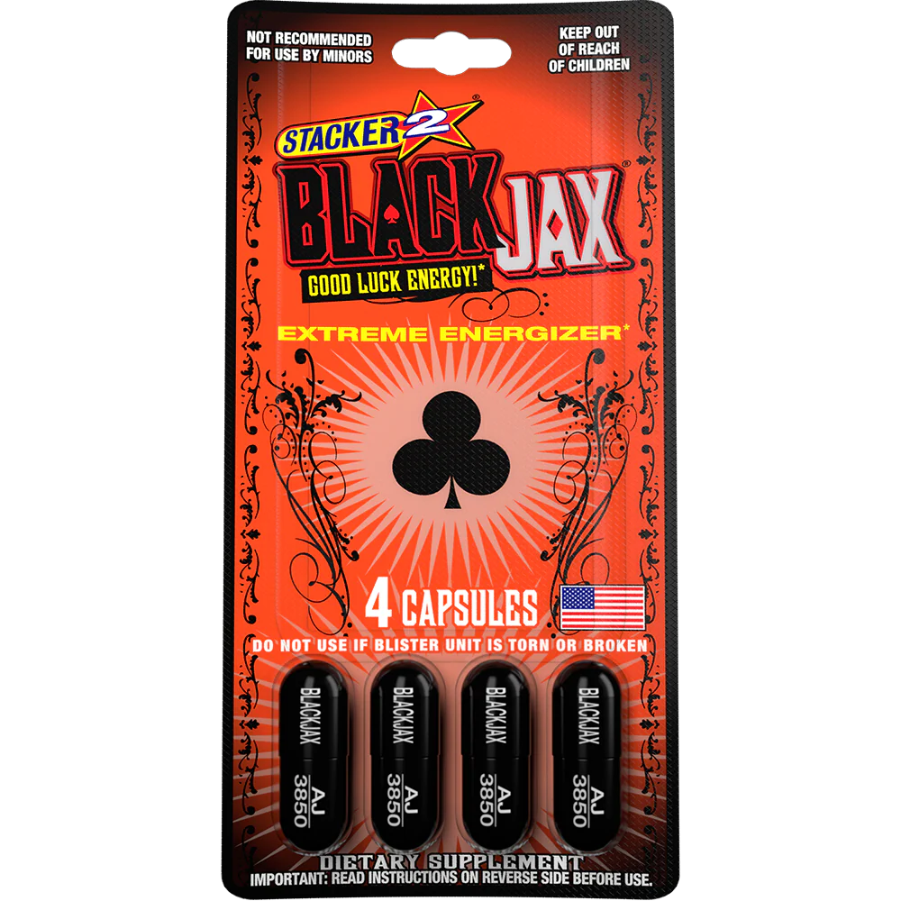 Front view of a single Stacker 2 Black Jax Good Luck Energy 4-count blister card in deep black with striking red accents. These pocket-sized dietary supplement packs provide a fast-acting, extreme boost of energy and focus for active lifestyles.
