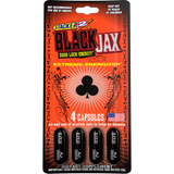 Front view of a single Stacker 2 Black Jax Good Luck Energy 4-count blister card in deep black with striking red accents. These pocket-sized dietary supplement packs provide a fast-acting, extreme boost of energy and focus for active lifestyles.