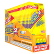 Front angled view of the Stacker 2 Ephedra Free Blaster Pack 24ct display box in vibrant yellow and red. This bulk wholesale counter box holds multiple blister cards of the classic energy supplement, making it a perfect high-margin impulse item for convenience store and smoke shop checkout counters.