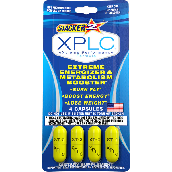 Front view of a single Stacker 2 XPLC 4-count blister card in bright orange and black. These pocket-sized dietary supplement packs provide a fast-acting boost of extreme energy and fat-burning support utilizing an advanced lipid complex.