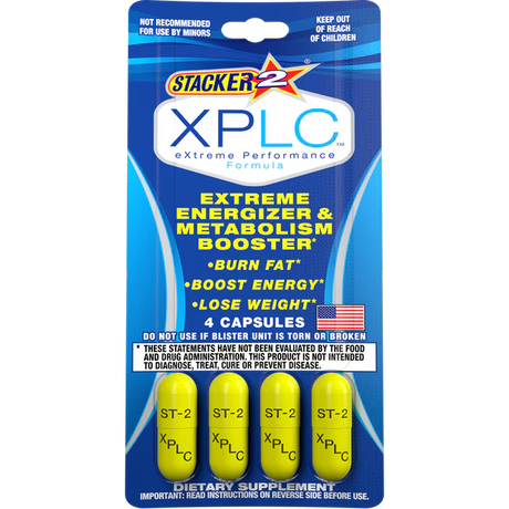 Front view of a single Stacker 2 XPLC 4-count blister card in bright orange and black. These pocket-sized dietary supplement packs provide a fast-acting boost of extreme energy and fat-burning support utilizing an advanced lipid complex.
