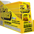 Front angled view of the Stacker 2 Yellow Hornet Blaster Pack 24ct display box in vibrant yellow and black. This bulk wholesale counter box holds 24 individual blister cards, making it an ideal high-margin impulse item for convenience store and smoke shop checkout counters.