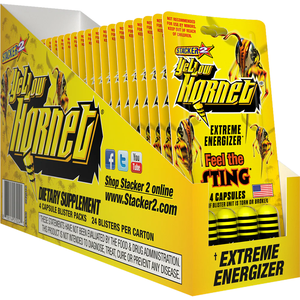 Front angled view of the Stacker 2 Yellow Hornet Blaster Pack 24ct display box in vibrant yellow and black. This bulk wholesale counter box holds 24 individual blister cards, making it an ideal high-margin impulse item for convenience store and smoke shop checkout counters.