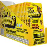 Front angled view of the Stacker 2 Yellow Hornet Blaster Pack 24ct display box in vibrant yellow and black. This bulk wholesale counter box holds 24 individual blister cards, making it an ideal high-margin impulse item for convenience store and smoke shop checkout counters.