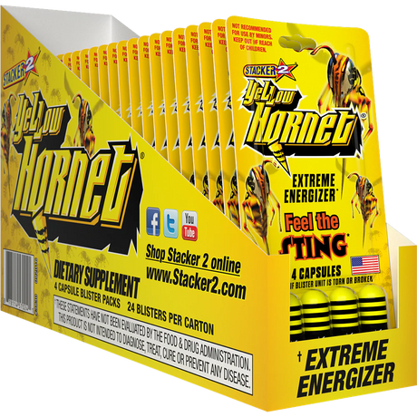 Front angled view of the Stacker 2 Yellow Hornet Blaster Pack 24ct display box in vibrant yellow and black. This bulk wholesale counter box holds 24 individual blister cards, making it an ideal high-margin impulse item for convenience store and smoke shop checkout counters.