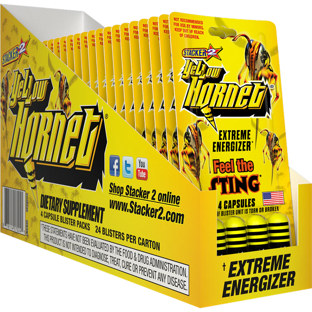 Front angled view of the Stacker 2 Yellow Hornet Blaster Pack 24ct display box in vibrant yellow and black. This bulk wholesale counter box holds 24 individual blister cards, making it an ideal high-margin impulse item for convenience store and smoke shop checkout counters.