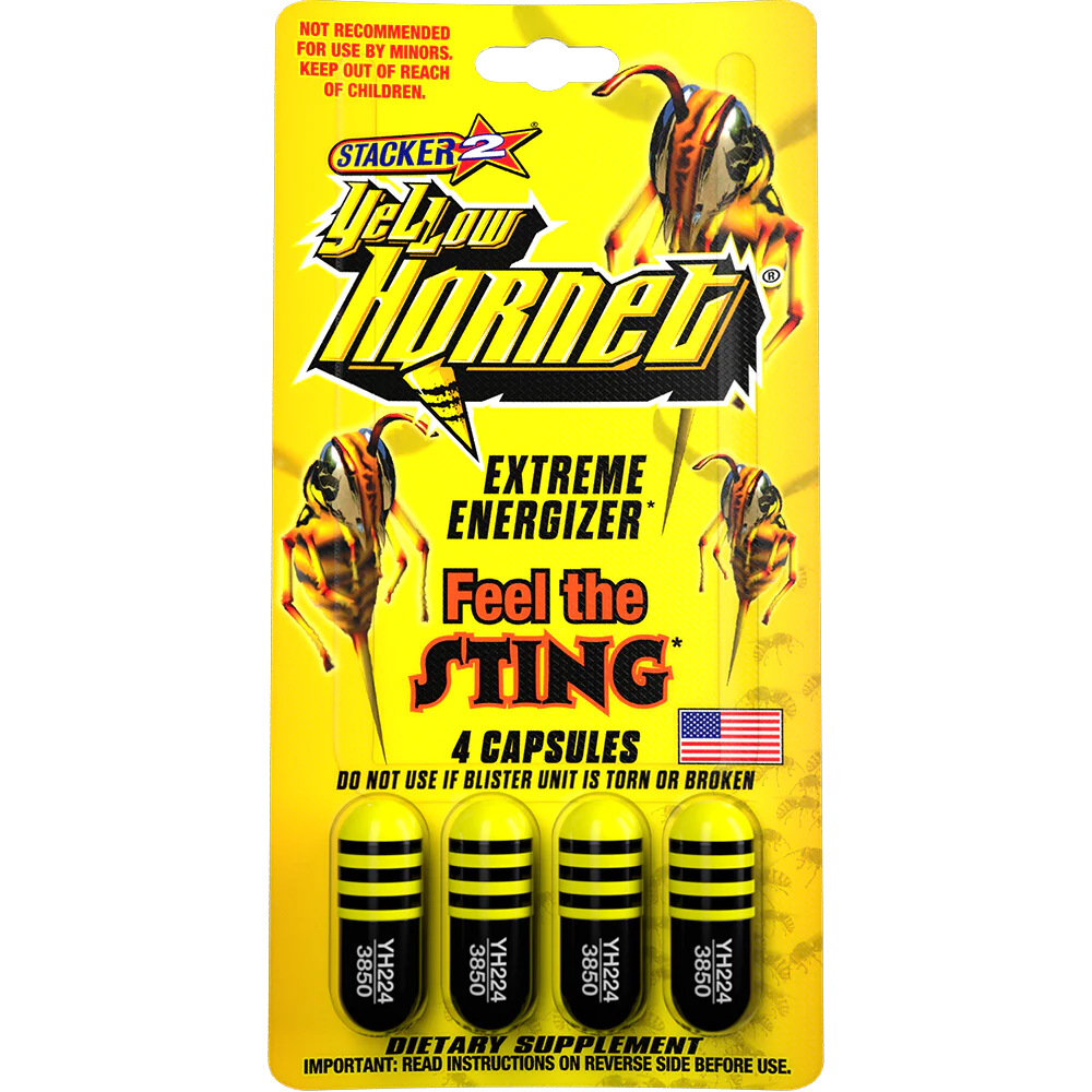 Front view of a single Stacker 2 Yellow Hornet 4-count blister card in bright yellow and black. These pocket-sized dietary supplement packs provide a fast-acting, extreme boost of energy and thermogenic support for active lifestyles.