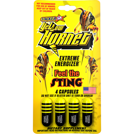 Front view of a single Stacker 2 Yellow Hornet 4-count blister card in bright yellow and black. These pocket-sized dietary supplement packs provide a fast-acting, extreme boost of energy and thermogenic support for active lifestyles.