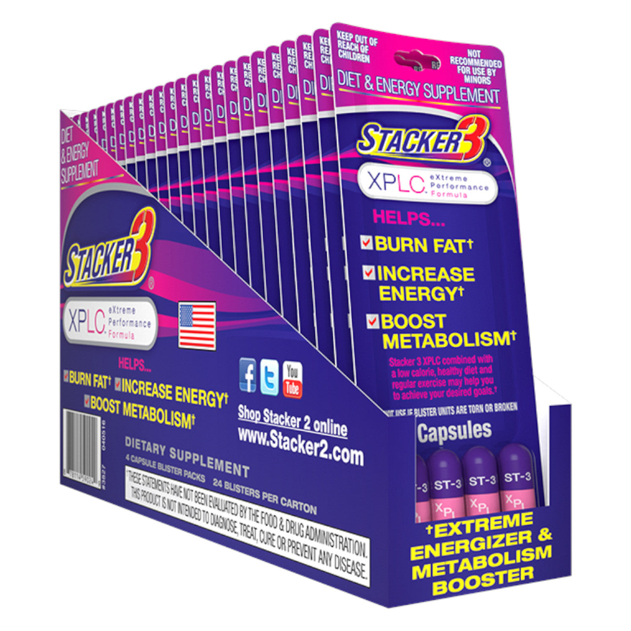 Front angled view of the Stacker 3 Ephedra Free Blaster Pack 24ct display box in metallic silver, black, and bold red. This bulk wholesale counter box holds 24 individual blister cards, making it an ideal high-margin impulse item for convenience store and smoke shop checkout counters.