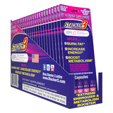 Front angled view of the Stacker 3 Ephedra Free Blaster Pack 24ct display box in metallic silver, black, and bold red. This bulk wholesale counter box holds 24 individual blister cards, making it an ideal high-margin impulse item for convenience store and smoke shop checkout counters.