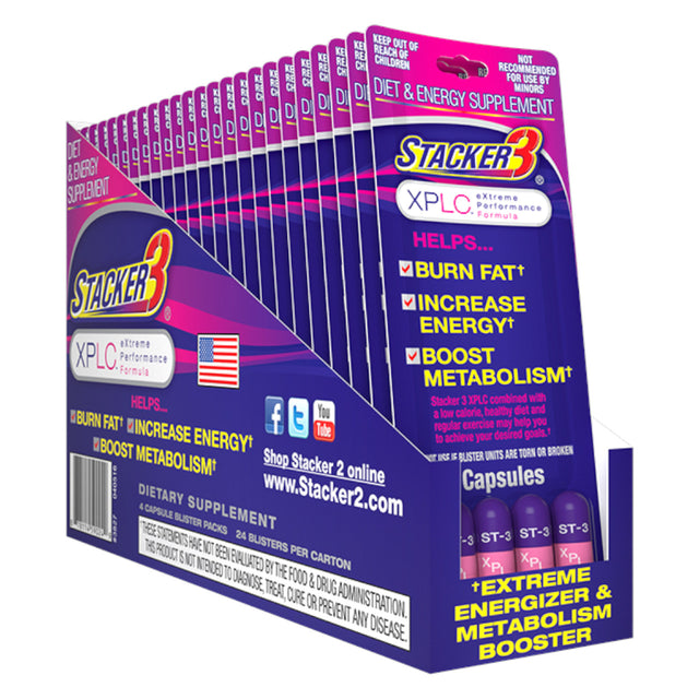 Front angled view of the Stacker 3 Ephedra Free Blaster Pack 24ct display box in metallic silver, black, and bold red. This bulk wholesale counter box holds 24 individual blister cards, making it an ideal high-margin impulse item for convenience store and smoke shop checkout counters.