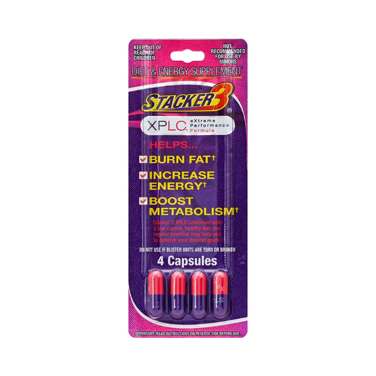Front view of a single Stacker 3 Ephedra Free 4-count blister card in bright red and silver. These pocket-sized dietary supplement packs provide a fast-acting boost of energy and fat-burning support utilizing Chitosan instead of ephedra.
