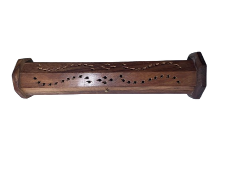 Front angled view of the Standing Wood Ash Catcher Box in natural brown wood. This upright wooden chassis features decorative exterior cutouts and an internal cavity that ensures all falling ash is directed straight down into the base for rapid disposal.