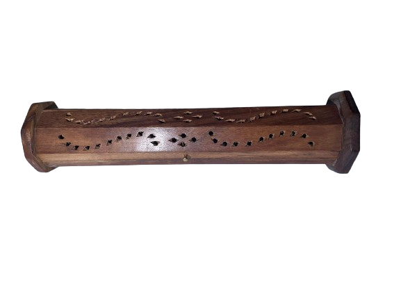 Front angled view of the Standing Wood Ash Catcher Box in natural brown wood. This upright wooden chassis features decorative exterior cutouts and an internal cavity that ensures all falling ash is directed straight down into the base for rapid disposal.